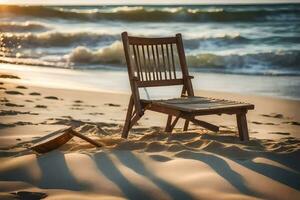 une chaise est assis sur le le sable à le coucher du soleil. généré par ai photo