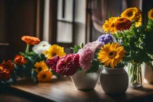 fleurs dans des vases sur une tableau. généré par ai photo