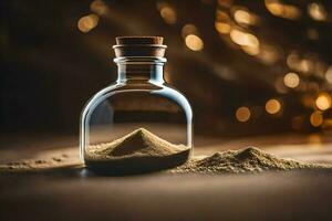 une bouteille de le sable avec une d'or lumière. généré par ai photo