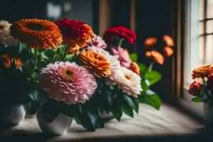 fleurs dans des vases sur une rebord de fenêtre. généré par ai photo