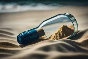 une bouteille de le sable sur le plage. généré par ai photo