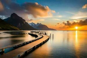 photo fond d'écran le ciel, montagnes, eau, le mer, le soleil, le ciel, le. généré par ai