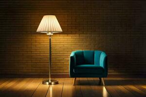 une bleu chaise et lampe dans de face de une brique mur. généré par ai photo