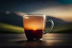 une tasse de café sur une table dans de face de une Montagne. généré par ai photo