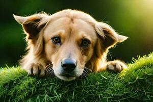 une chien est à la recherche plus de une vert buisson. généré par ai photo