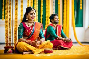 une couple dans traditionnel Indien tenue asseoir sur le sol. généré par ai photo