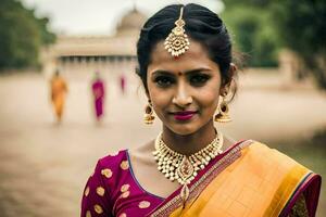 une magnifique Indien femme dans une sari. généré par ai photo