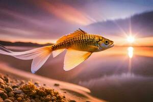 poisson rouge nager dans le l'eau à le coucher du soleil. généré par ai photo