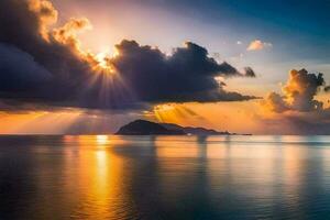 le coucher du soleil plus de le océan avec des nuages et Soleil. généré par ai photo