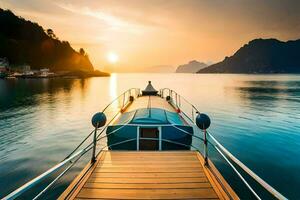 une bateau amarré à le fin de une Dock à le coucher du soleil. généré par ai photo