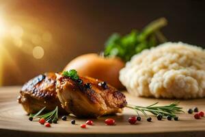 grillé poulet avec riz et des légumes sur une en bois Coupe planche. généré par ai photo