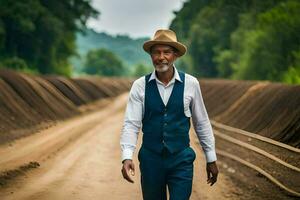 une homme dans une chapeau et gilet en marchant vers le bas une saleté route. généré par ai photo