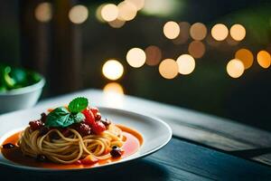 une assiette de spaghetti avec tomate sauce et basilic feuilles sur une en bois tableau. généré par ai photo