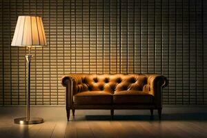 une cuir canapé et lampe dans de face de une mur. généré par ai photo