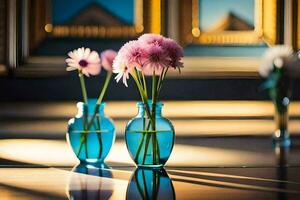 deux bleu des vases avec rose fleurs séance sur une tableau. généré par ai photo
