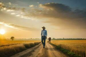 une homme en marchant sur une saleté route avec une cheval dans le Contexte. généré par ai photo