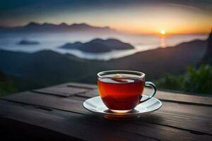 une tasse de thé sur une en bois table dans de face de une magnifique le coucher du soleil. généré par ai photo