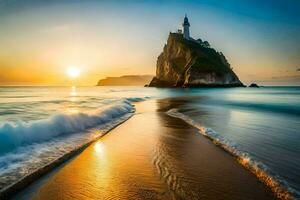 le phare à le coucher du soleil sur le plage. généré par ai photo