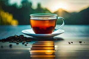 une tasse de thé sur une en bois tableau. généré par ai photo