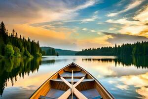 une canoë est flottant sur le calme des eaux de une lac. généré par ai photo