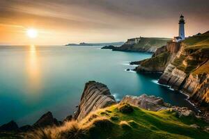 le Soleil ensembles plus de le océan et phare. généré par ai photo