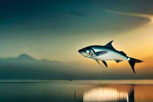 une poisson est en volant plus de le l'eau à le coucher du soleil. généré par ai photo