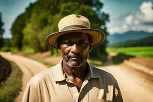 une homme portant une chapeau des stands sur une saleté route. généré par ai photo