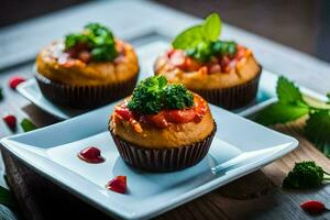 Trois mini petits gâteaux avec brocoli et tomates. généré par ai photo