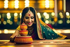 une magnifique Indien la mariée dans traditionnel tenue. généré par ai photo