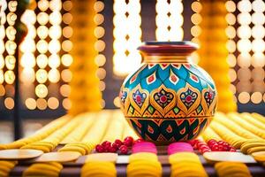 une coloré vase sur une table avec une chaîne de perles. généré par ai photo