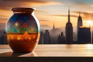 une vase avec une paysage urbain dans le Contexte. généré par ai photo