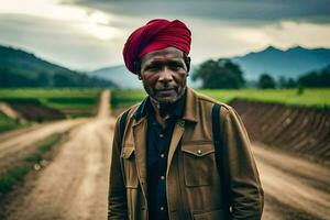 une homme portant une rouge turban des stands sur une saleté route. généré par ai photo