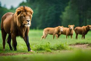 une Lion en marchant dans le herbe avec autre animaux. généré par ai photo