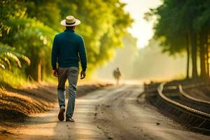 une homme dans une chapeau des promenades vers le bas une saleté route. généré par ai photo