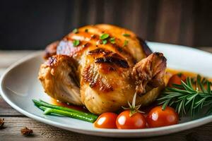 une poulet avec tomates et herbes sur une plaque. généré par ai photo