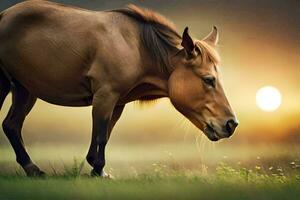 une cheval est pâturage dans une champ à le coucher du soleil. généré par ai photo