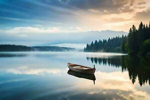 une bateau est flottant sur une Lac à le coucher du soleil. généré par ai photo