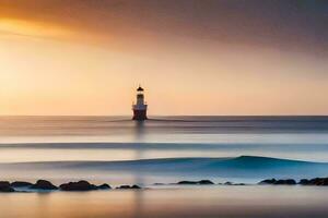 une phare des stands dans le océan à le coucher du soleil. généré par ai photo