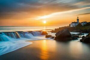 une phare et une cascade à le coucher du soleil. généré par ai photo