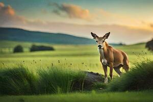 une cerf des stands dans le milieu de une champ. généré par ai photo