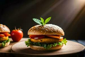 deux hamburgers avec des légumes sur une en bois planche. généré par ai photo