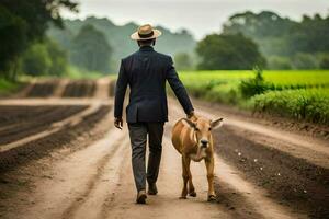 une homme dans une costume des promenades vers le bas une saleté route avec une vache. généré par ai photo