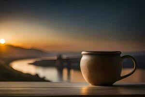 une tasse de café sur une en bois table dans de face de une magnifique le coucher du soleil. généré par ai photo