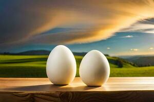 deux blanc des œufs sur une table dans de face de une le coucher du soleil. généré par ai photo