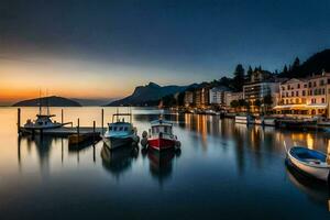 bateaux amarré à le Dock à le coucher du soleil. généré par ai photo