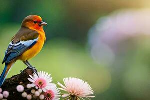 une petit Orange oiseau est perché sur une branche. généré par ai photo