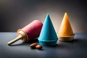 Trois la glace crème cônes avec différent couleurs. généré par ai photo