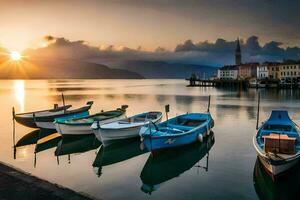 bateaux amarré à le rive de une Lac pendant le coucher du soleil. généré par ai photo