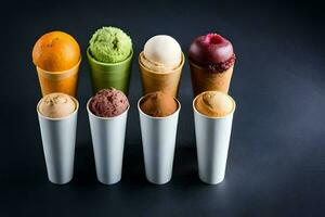 une rangée de la glace crème cônes avec différent les saveurs. généré par ai photo