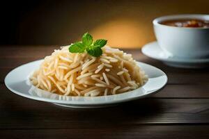 une assiette de riz avec une cuillère et une tasse de soupe. généré par ai photo